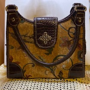 Vintage Y2K croc leather and tan embroidered tapestry handbag